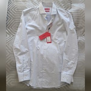 New Hugo Boss mens dress shirt white black/blue dots, 15.5, 39, slim fit stretch